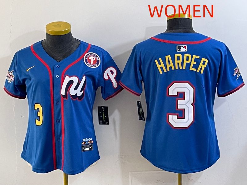 Women 2025 Philadelphia Phillies 3 Harper Blue All star Nike MLB Jersey style 06